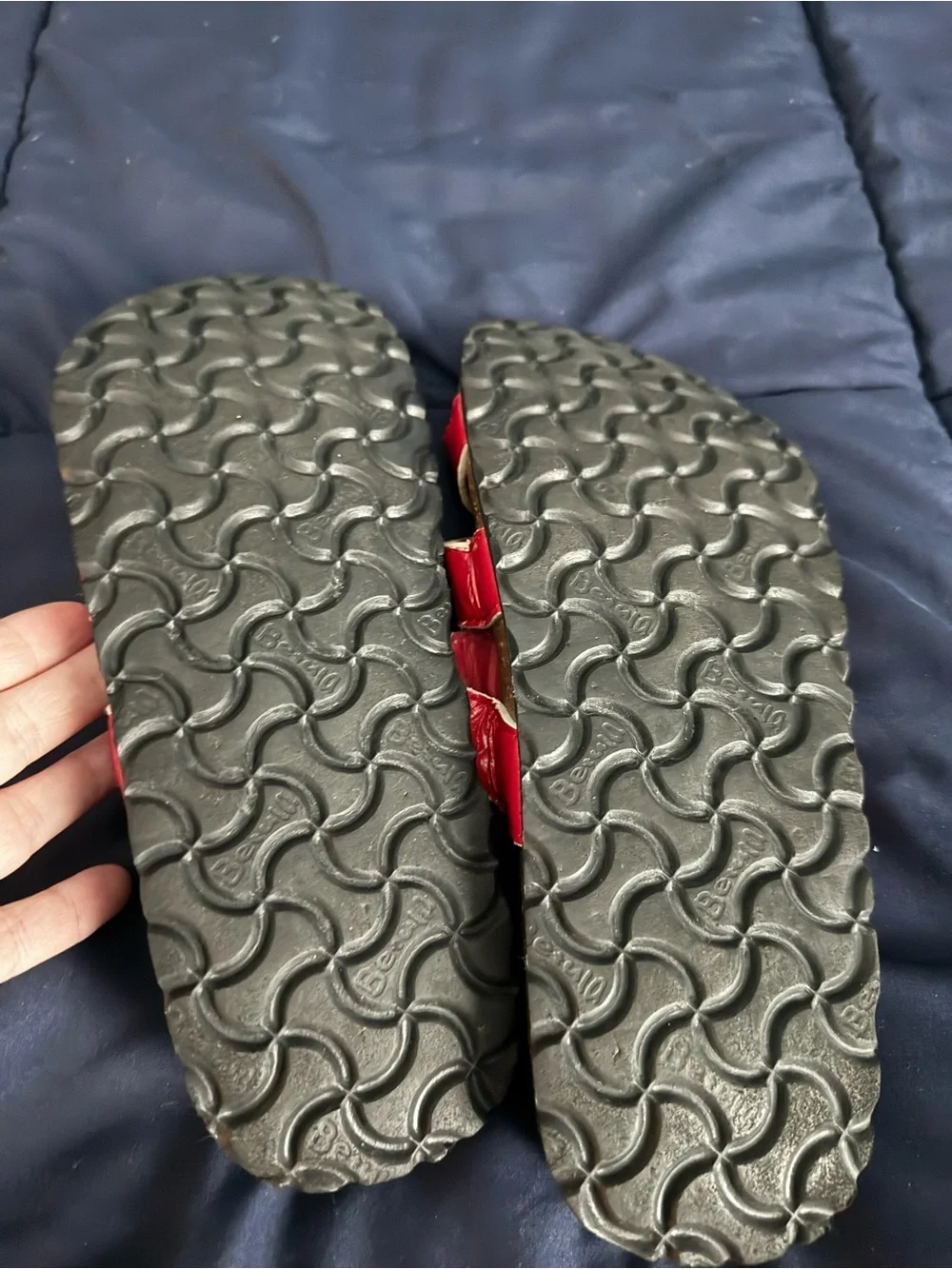 Birkenstock Red Triple-Strap Sandals with Gold Bead Detail